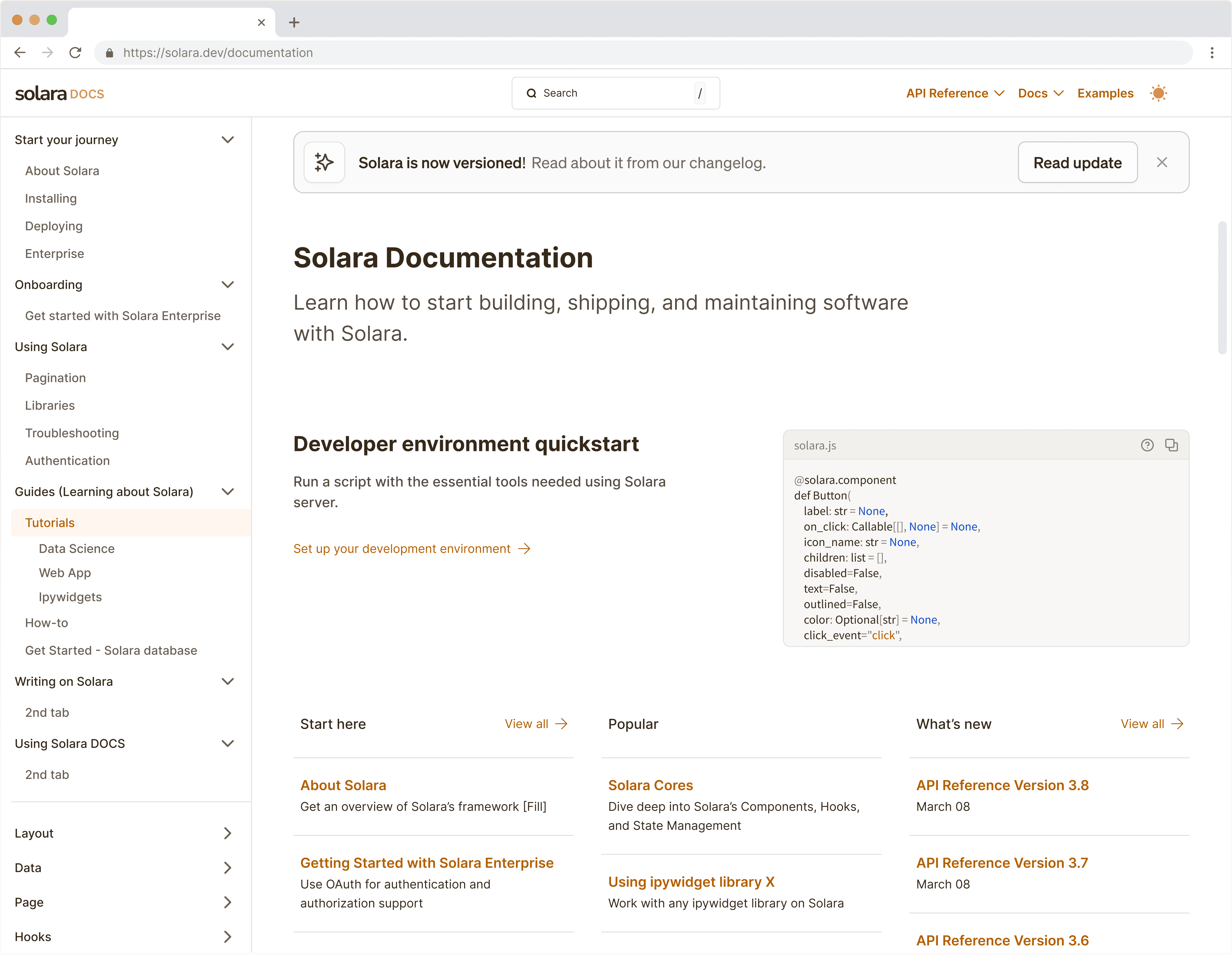 Documentation homepage before redesign