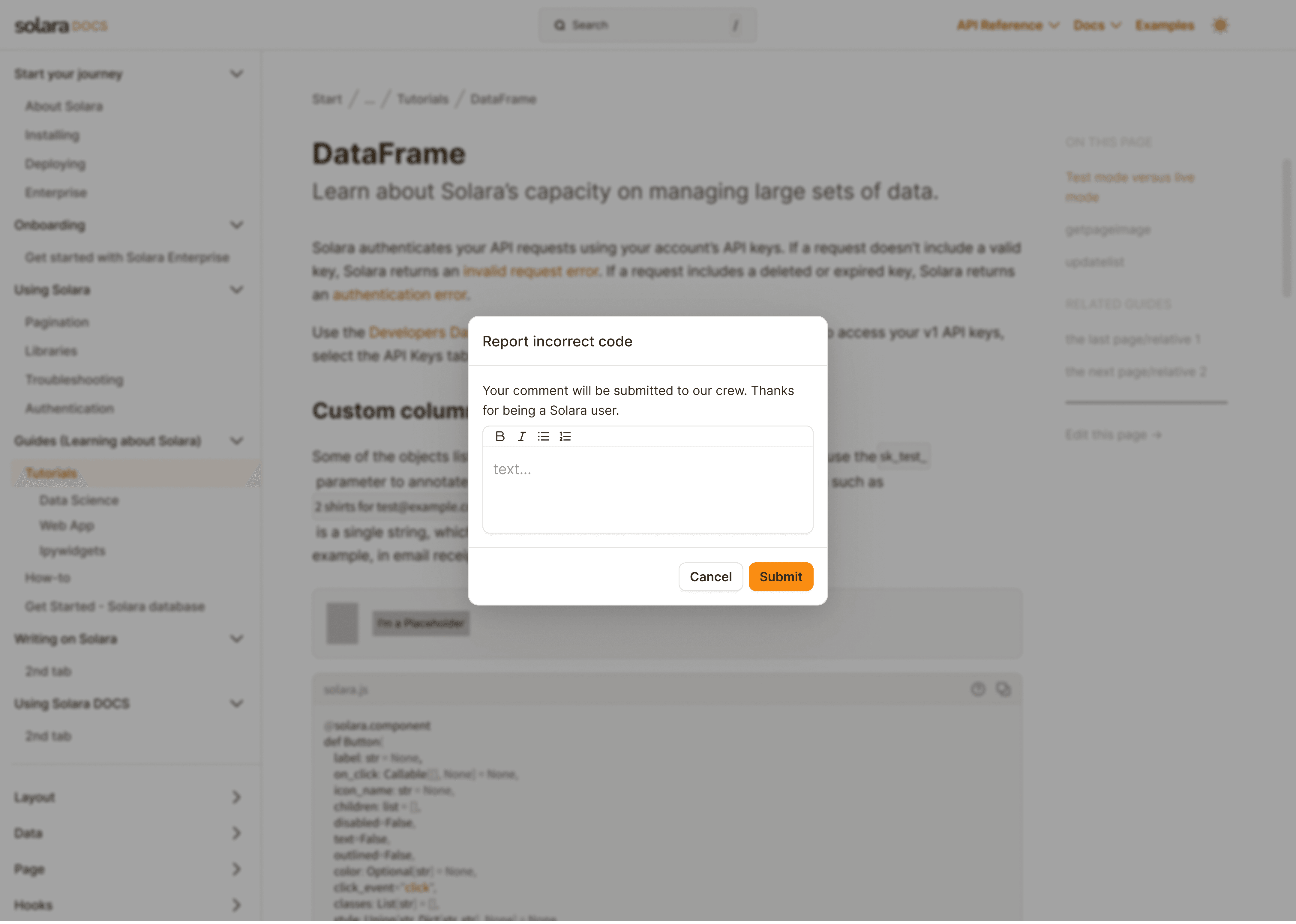 Documentation modal before redesign