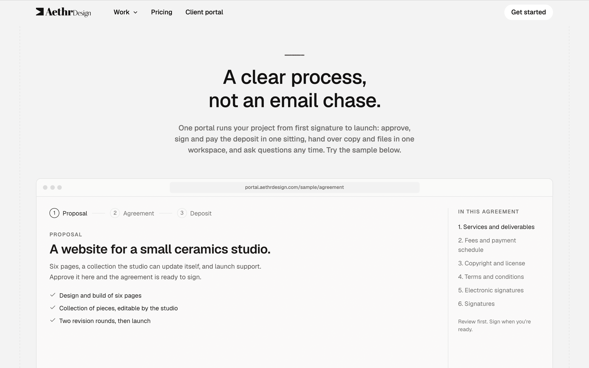 The Client portal section of the aethrdesign.com home page, headed 'A clear process, not an email chase.', above an embedded portal frame showing a sample proposal for a small ceramics studio with Proposal, Agreement and Deposit steps and an agreement outline