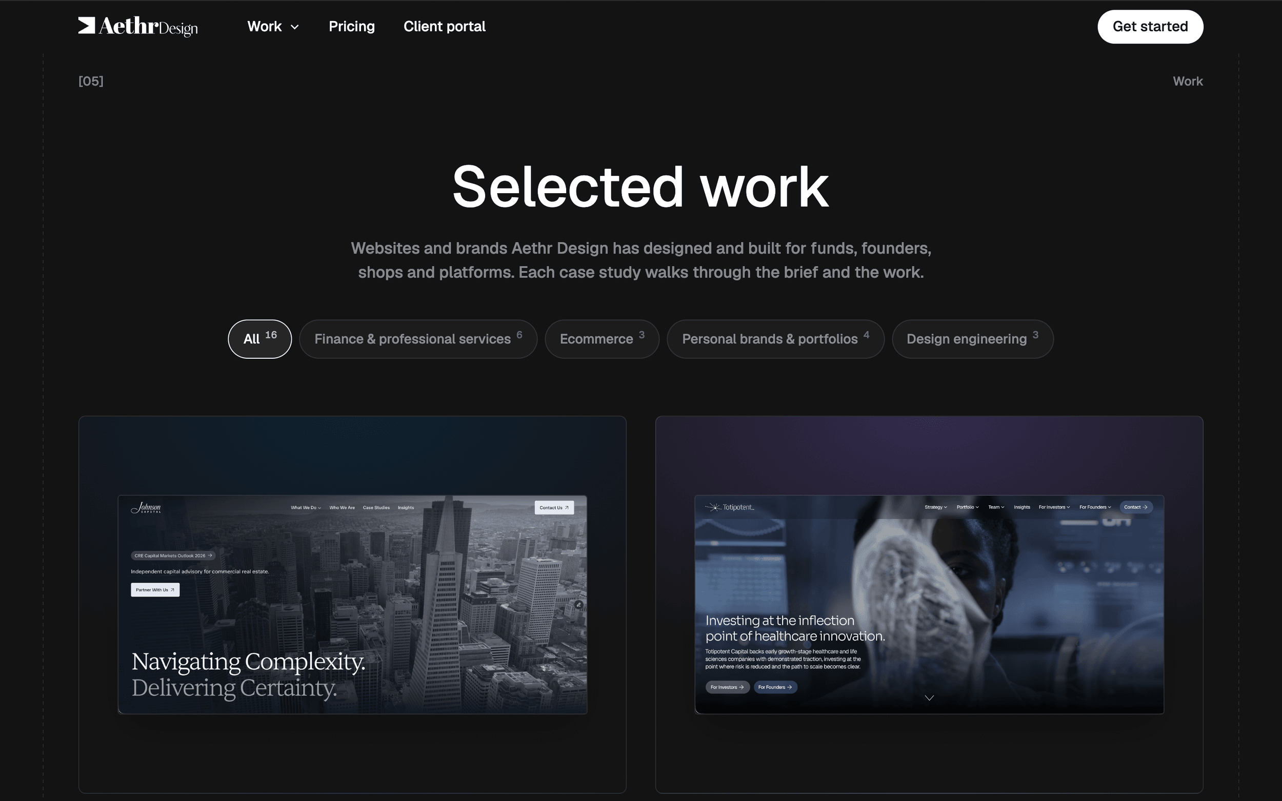 The Selected work index on aethrdesign.com, dark, with filter tabs for All, Finance and professional services, Ecommerce, Personal brands and portfolios, and Design engineering above cards for Johnson Capital and Totipotent Capital