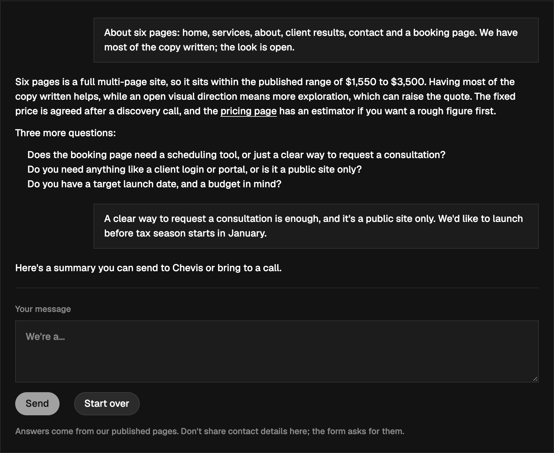 The aethrdesign.com project scoper: the visitor says the site is about six pages with most copy written, and the reply places six pages within the published range of $1,550 to $3,500, notes that an open visual direction can raise the quote, links the pricing estimator, then asks three more questions