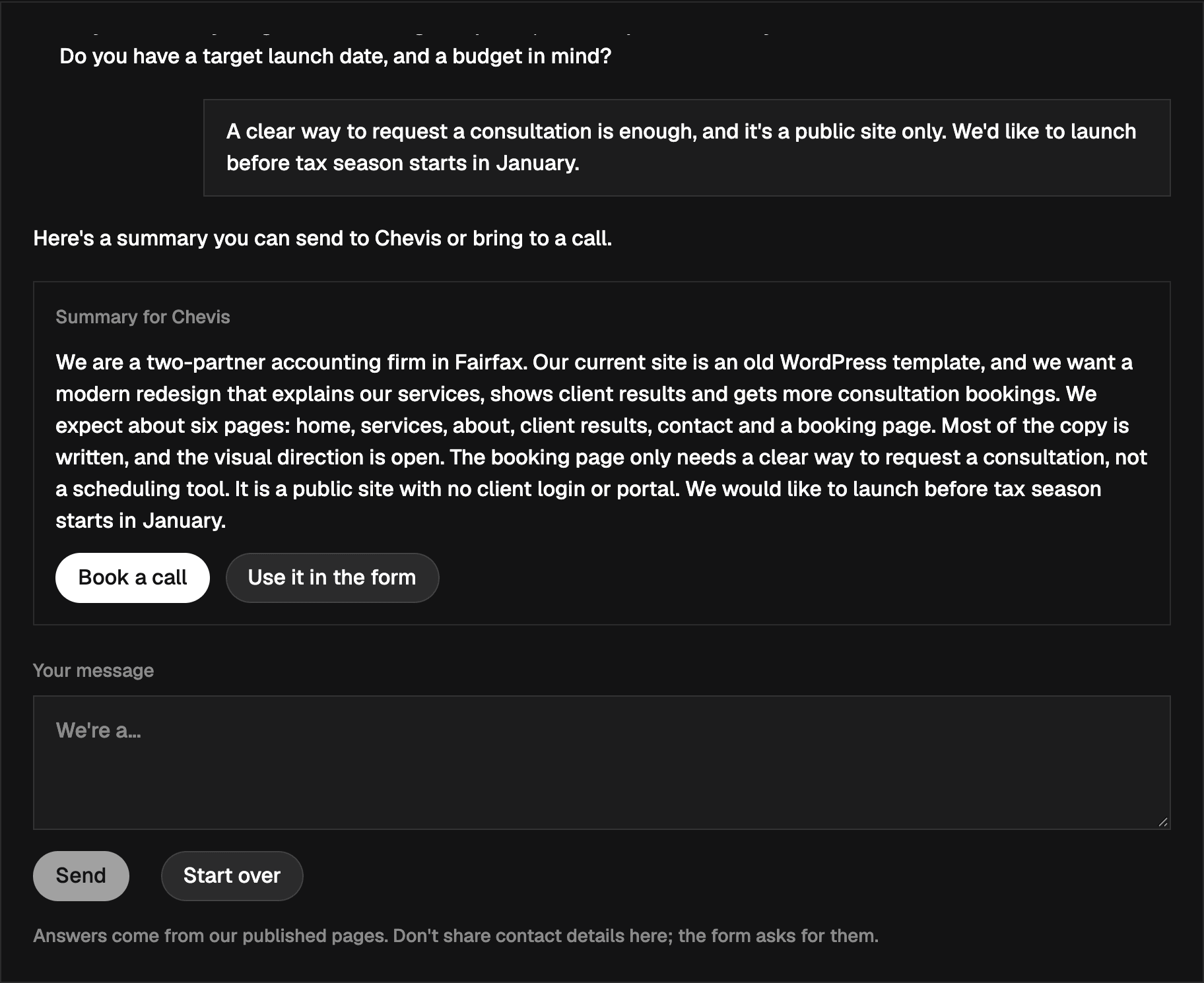 The end of the same scoper conversation: a Summary for Chevis card describing a two-partner Fairfax accounting firm's six-page redesign, public site only, launching before January, with Book a call and Use it in the form buttons