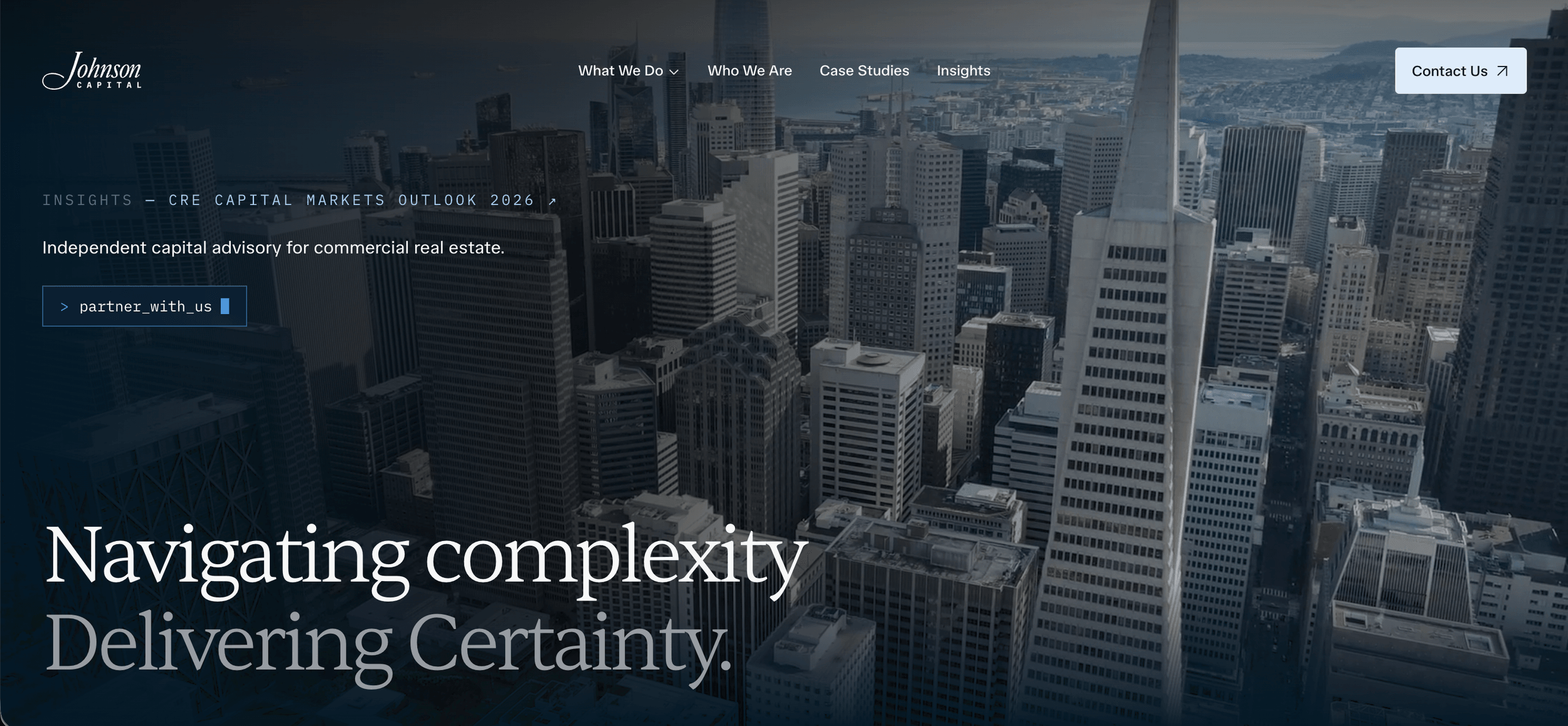 Johnson Capital homepage with a city skyline hero and navigation for services, company information, case studies and insights