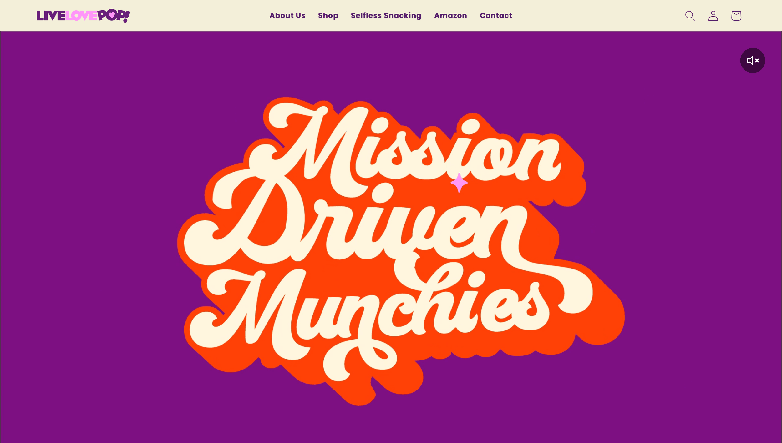 Live Love Pop storefront — 'Mission Driven Munchies' in retro script lettering on a purple hero