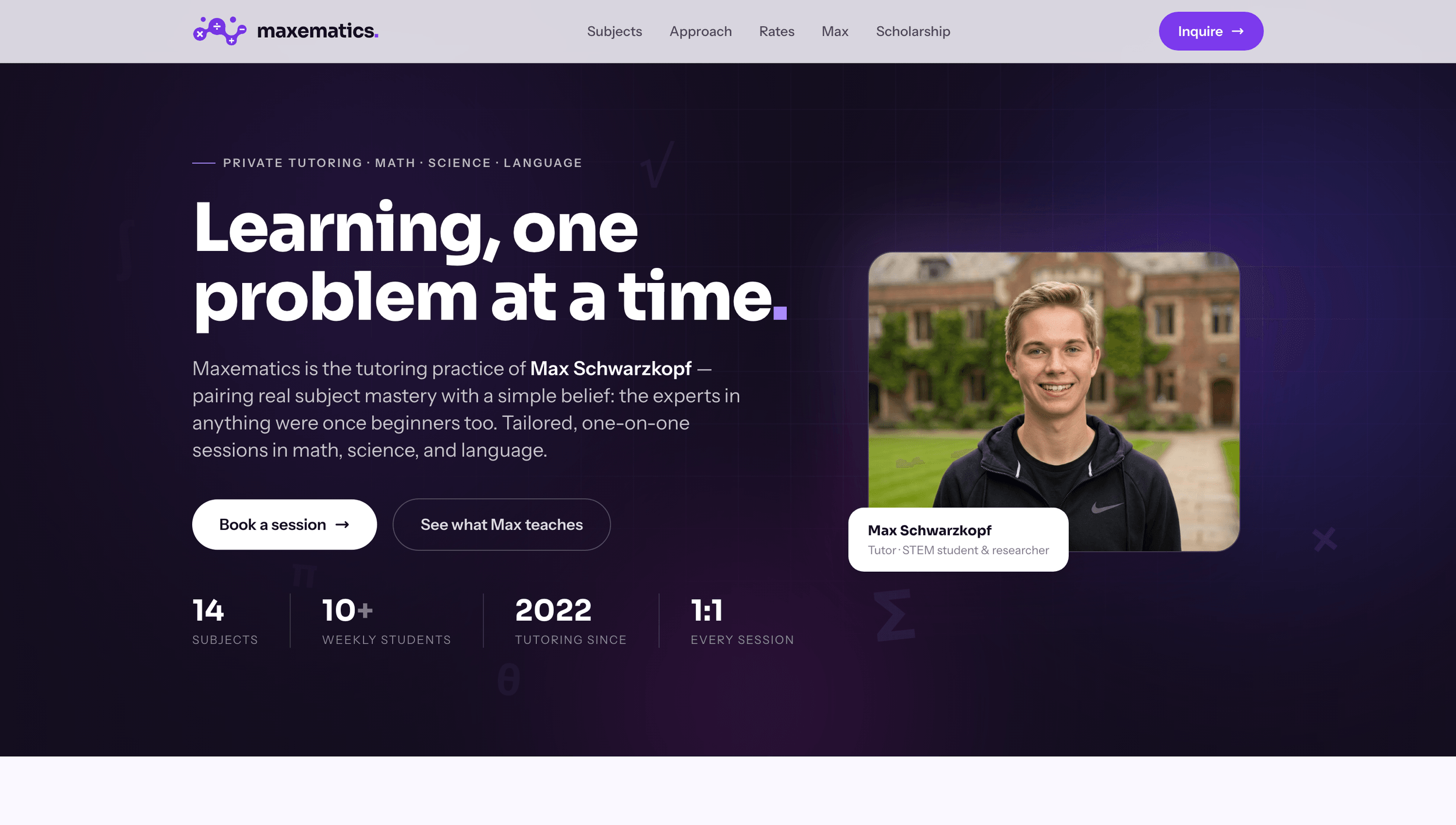 Maxematics site build — dark purple hero reading 'Learning, one problem at a time' with tutor portrait and session stats