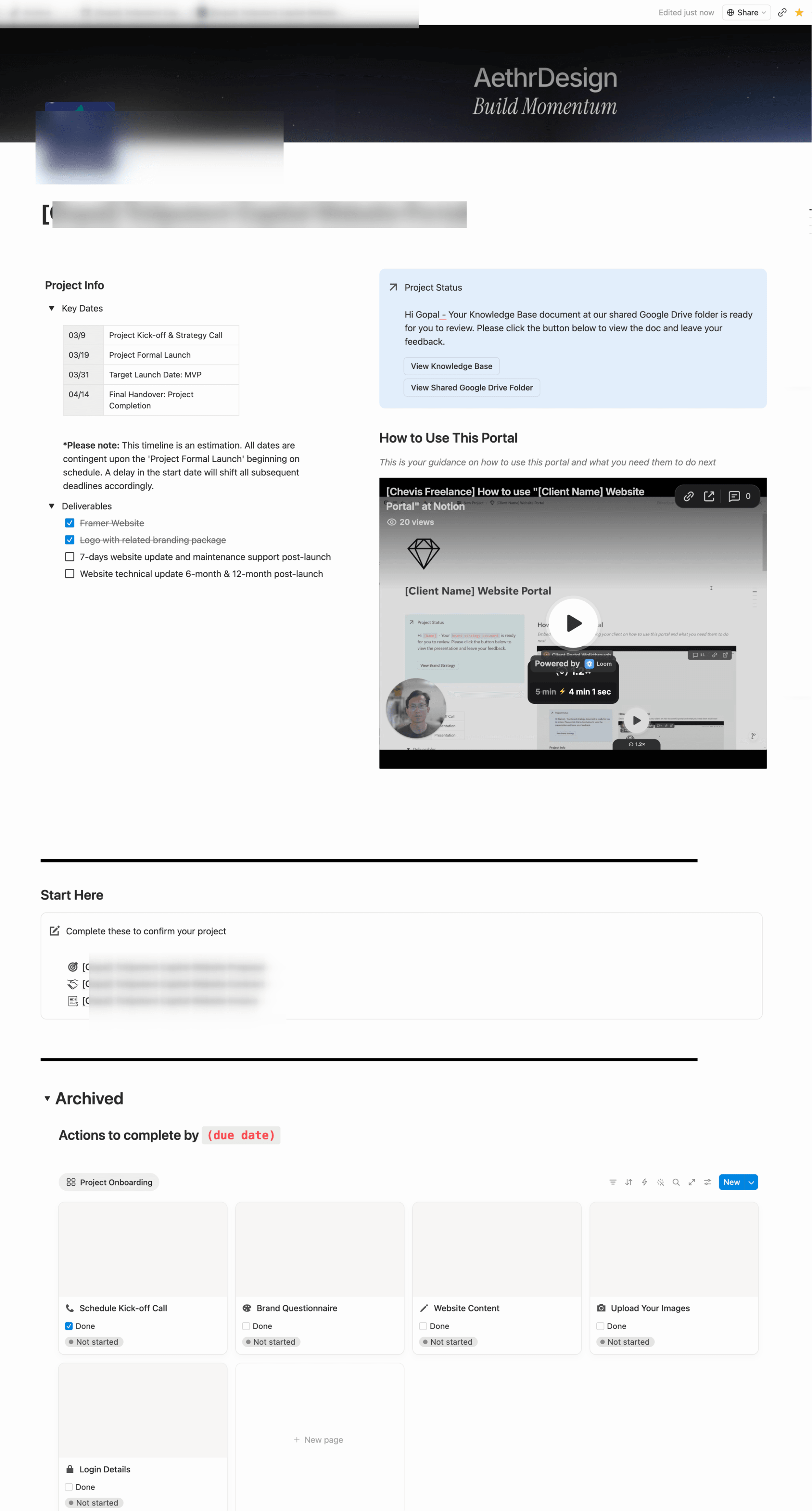 Client-facing Notion portal — project info, status note, onboarding video, and a Start Here checklist