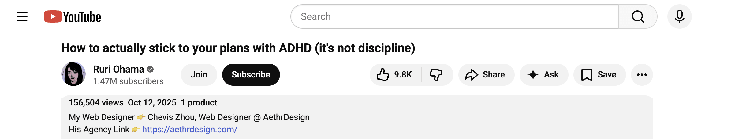YouTube video description on Ruri Ohama's channel crediting 'My Web Designer — Chevis Zhou' with a link to aethrdesign.com — 156,504 views, October 2025