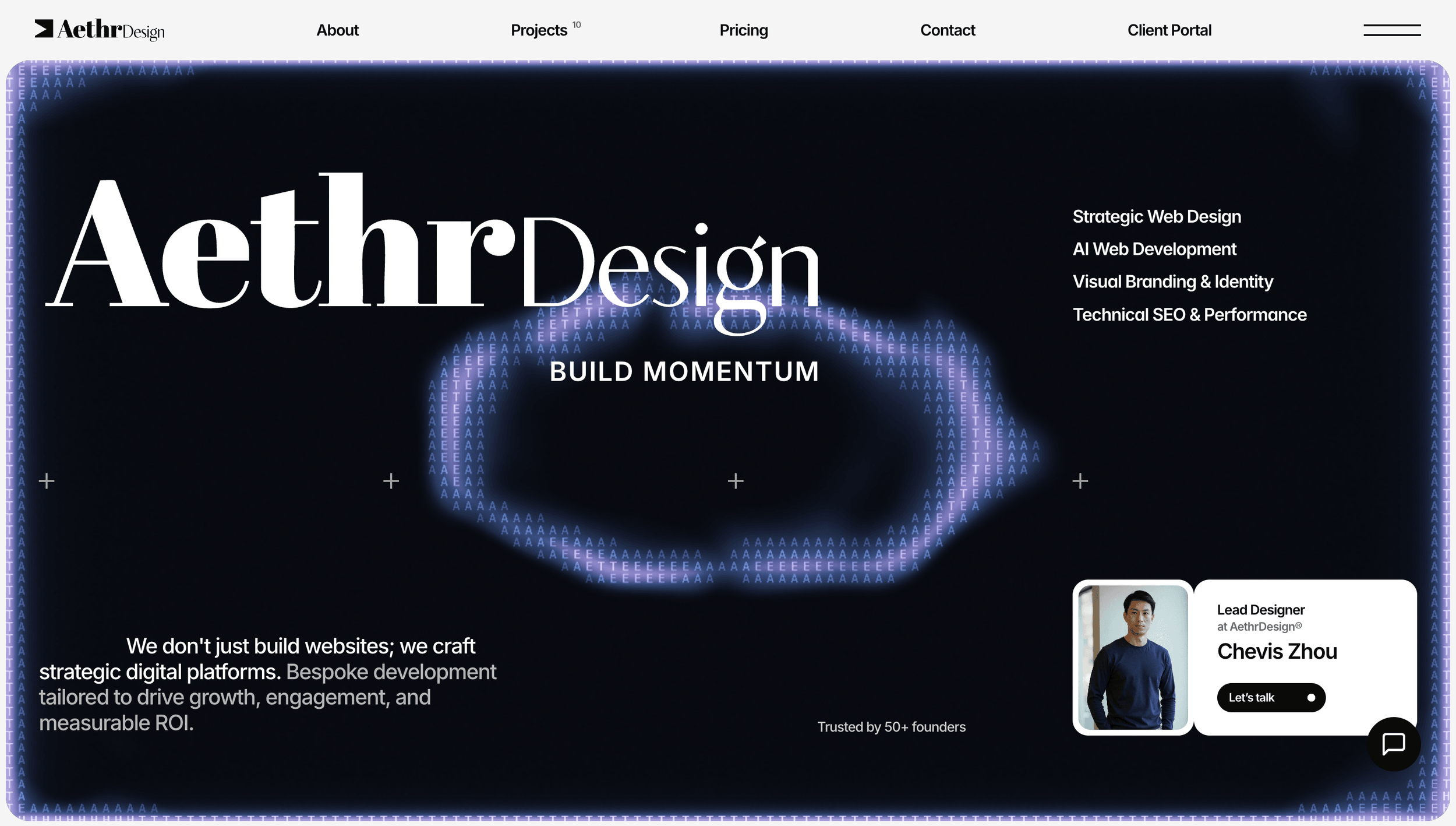aethrdesign.com home page — AethrDesign wordmark over a dark hero with a particle-glow ring, service list, and a Lead Designer card for Chevis Zhou