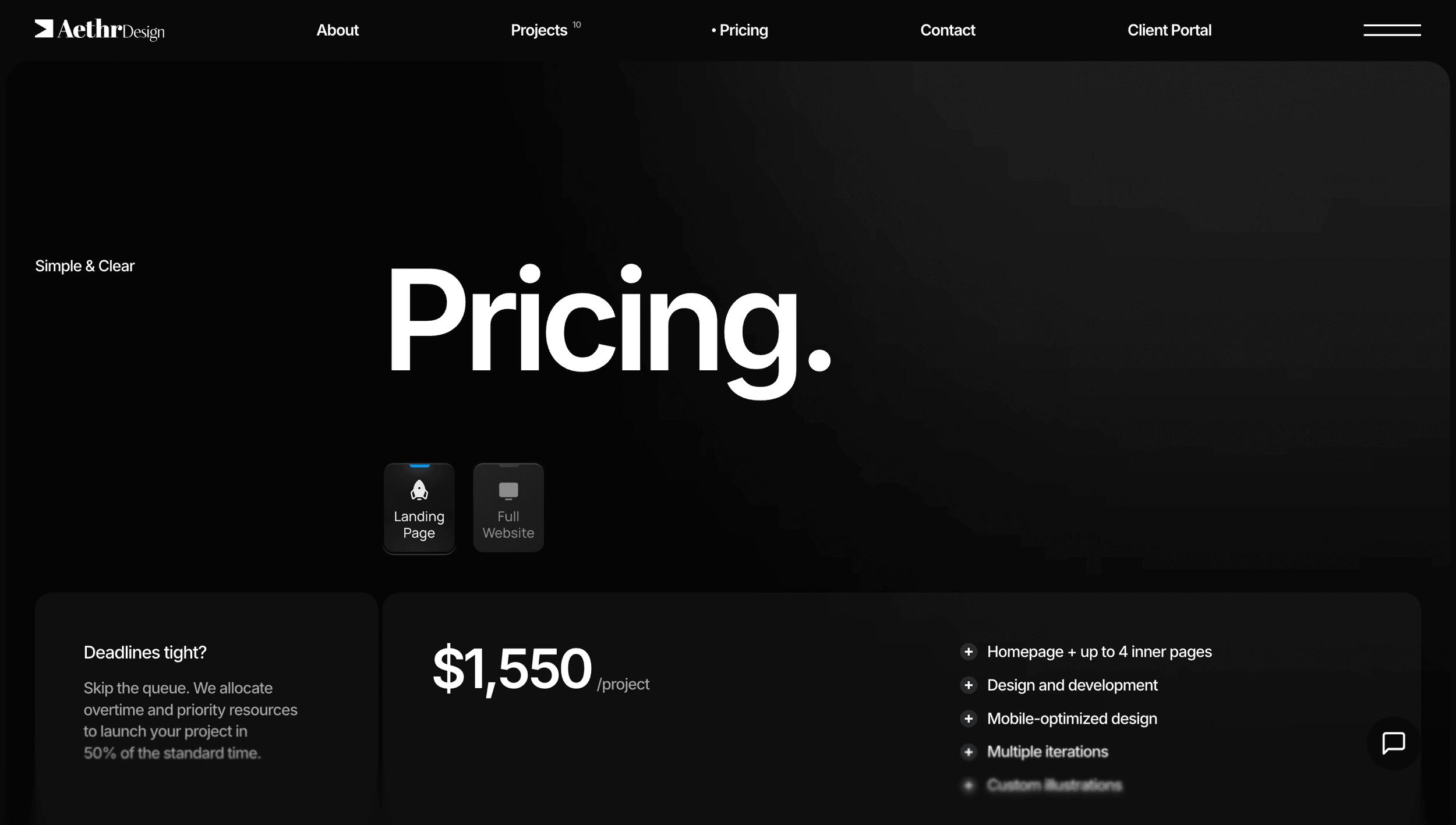 aethrdesign.com pricing page — posted per-project rates with a landing page tier and rush-delivery option