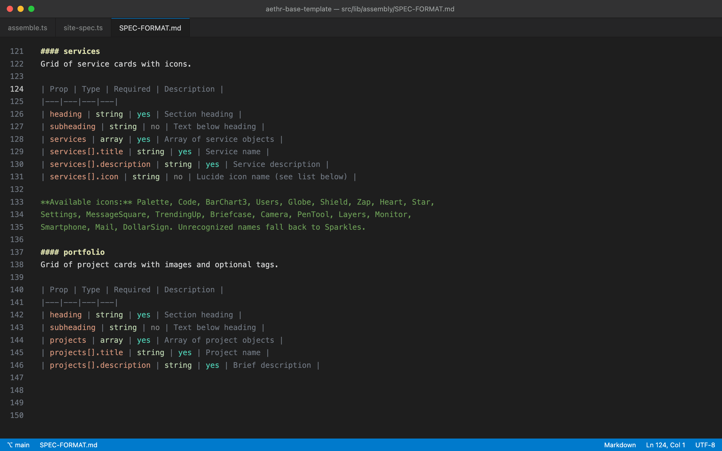 A dark code editor showing SPEC-FORMAT.md — dense markdown prop tables defining section vocabularies and constraints