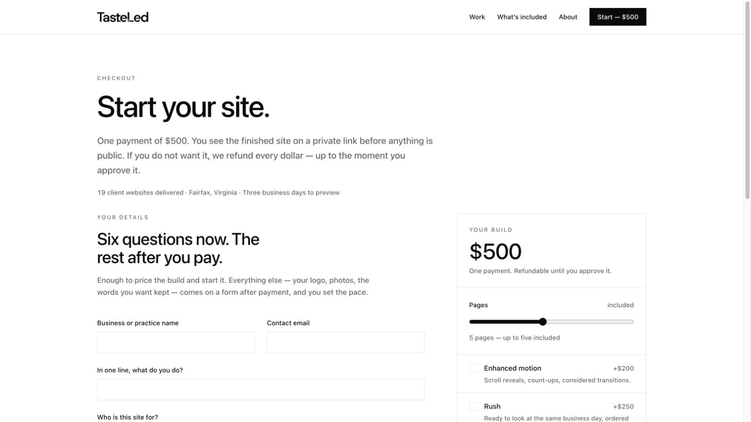 TasteLed's public configuration flow: business details and reference direction beside a live page-count and add-on calculator