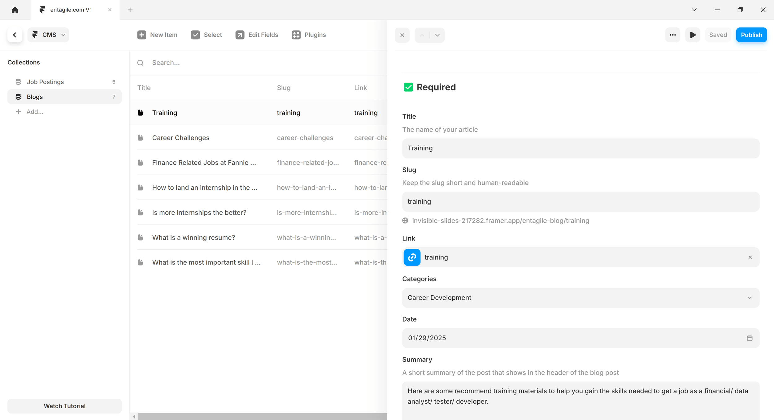 Framer CMS showing the Blog collection with seven published articles and structured content fields