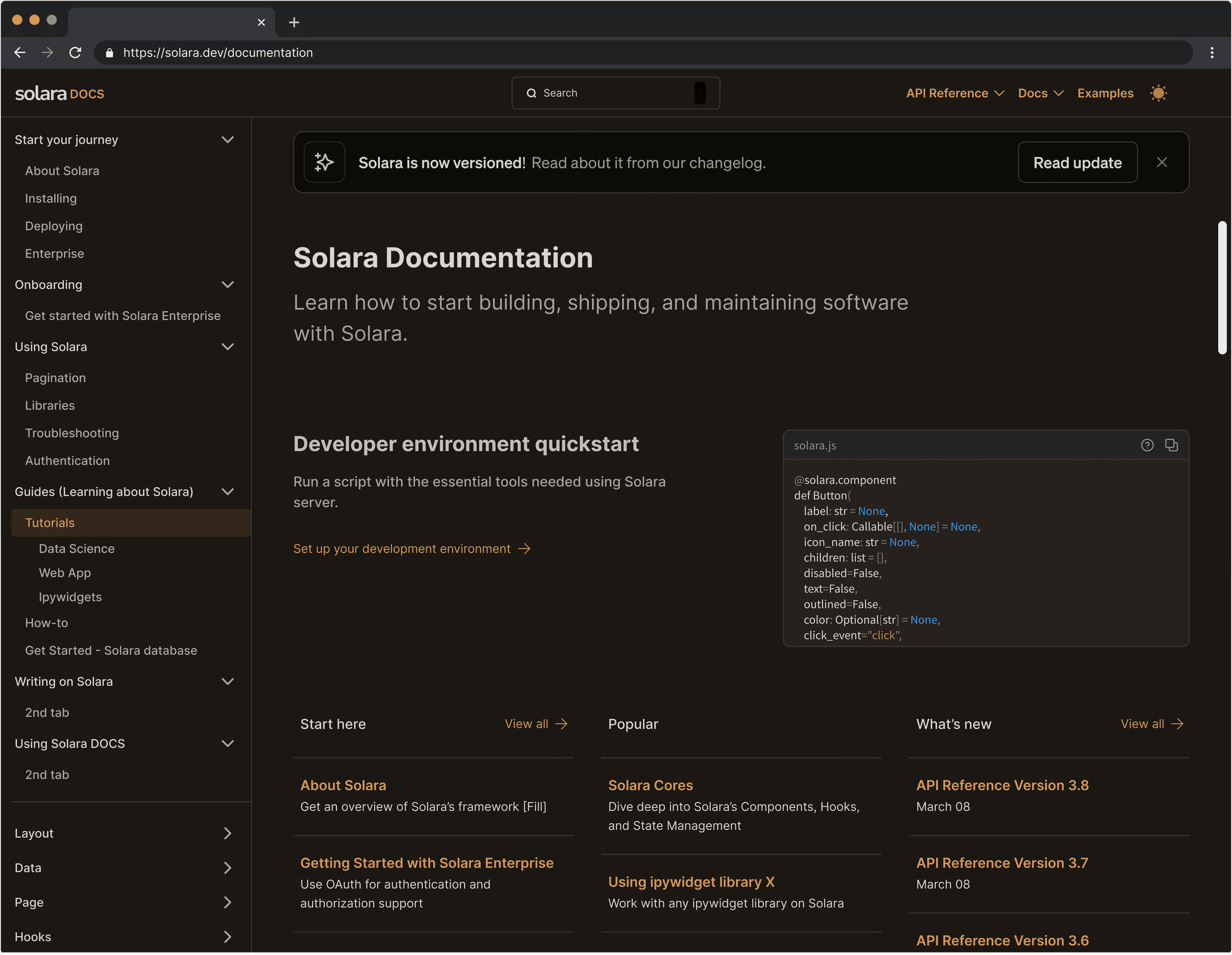 Documentation homepage in dark mode