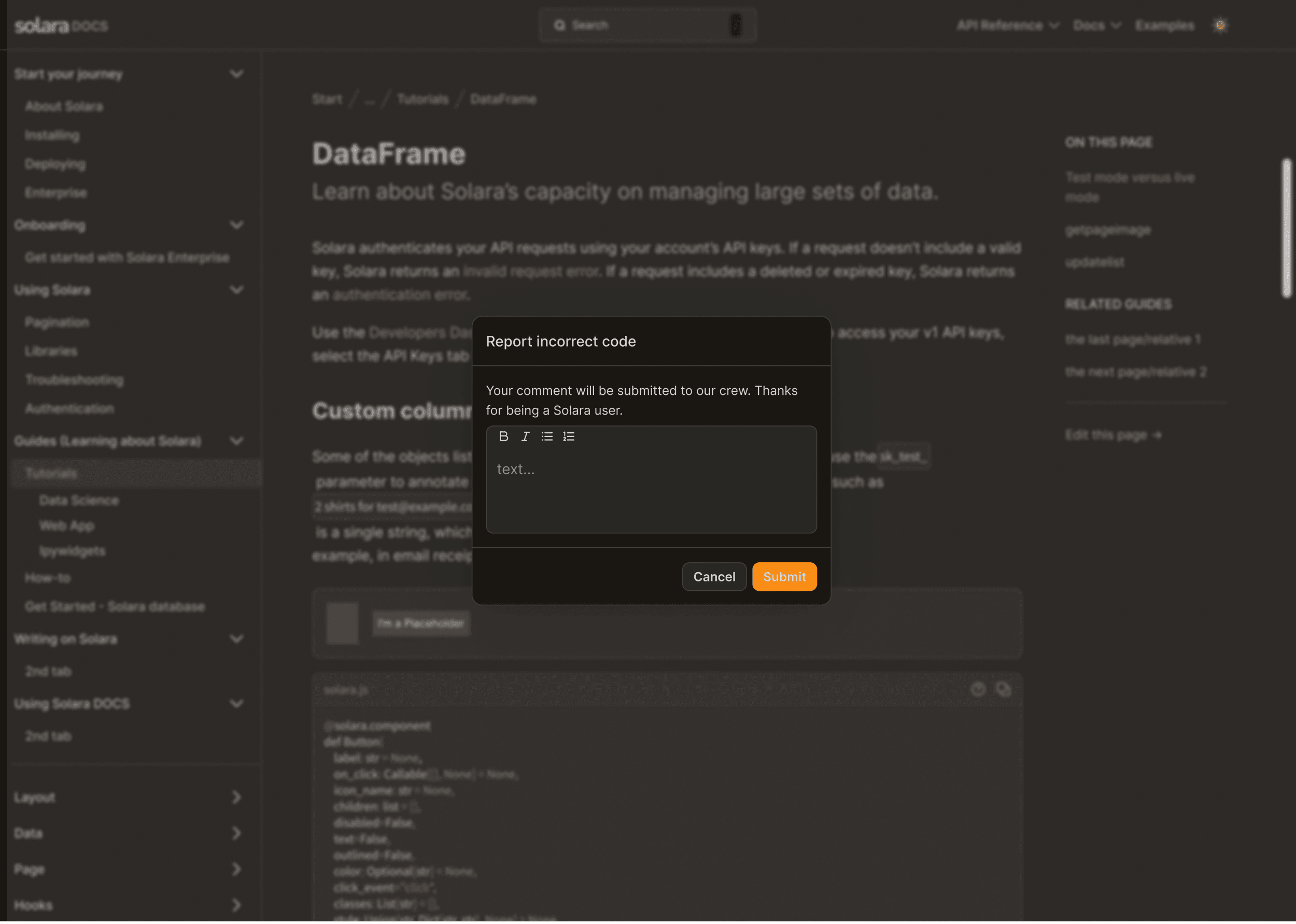 Documentation modal in dark mode