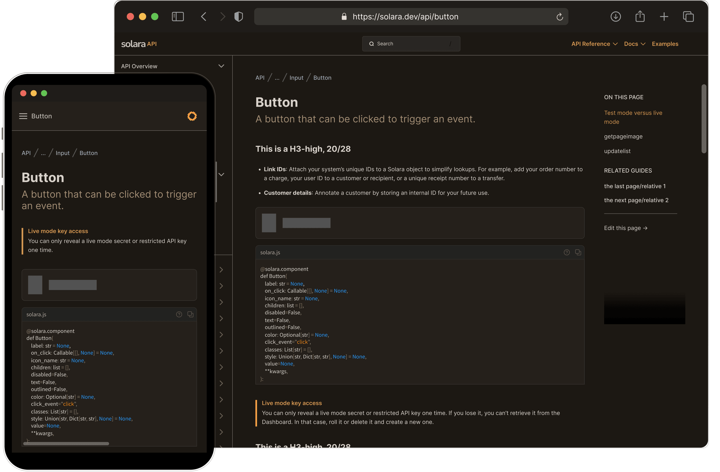 Final API reference page for the Button component in dark mode, shown on desktop and mobile — breadcrumb, code signature block, callouts, and an 'On this page' rail