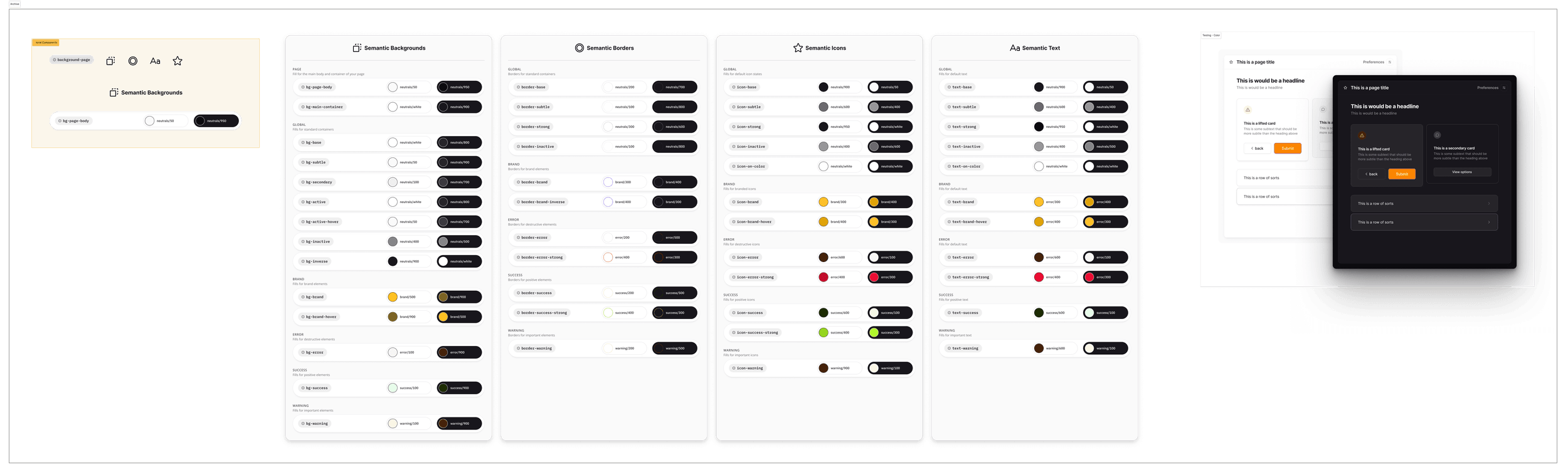The archived Figma color style system — semantic background, border, icon, and text boards, each token paired with hand-maintained light and dark swatches