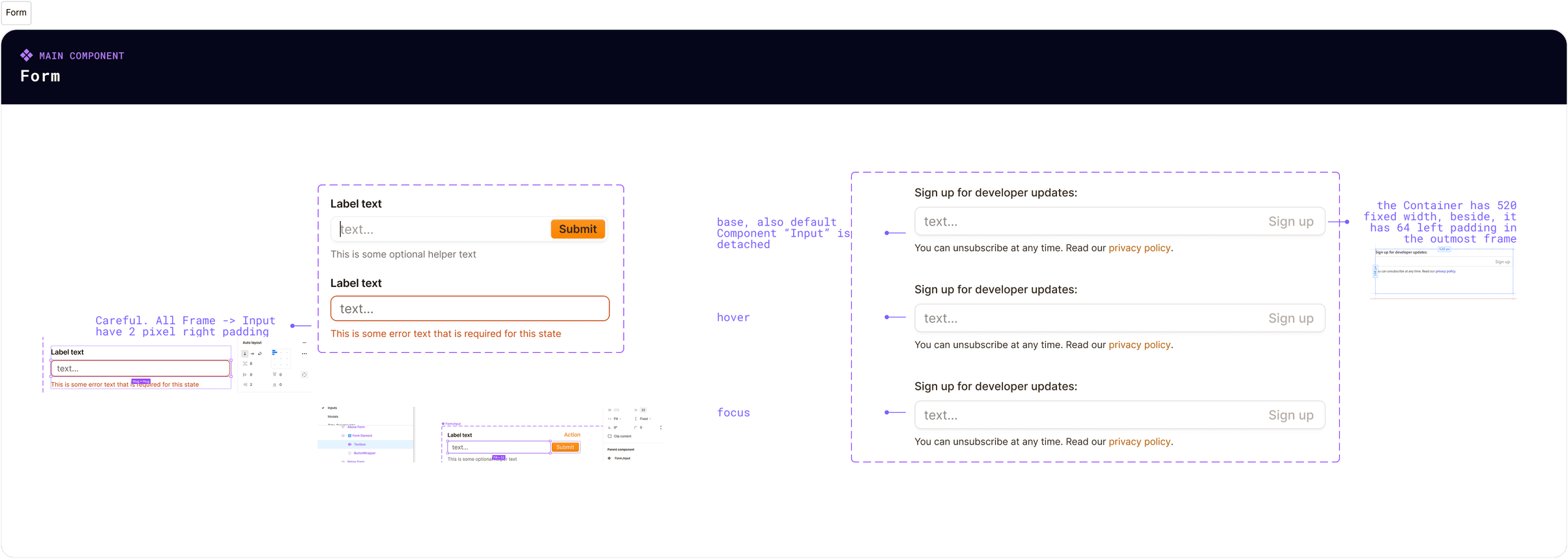 The Form main component canvas with dev-note annotations on padding, fixed widths, and detached instances
