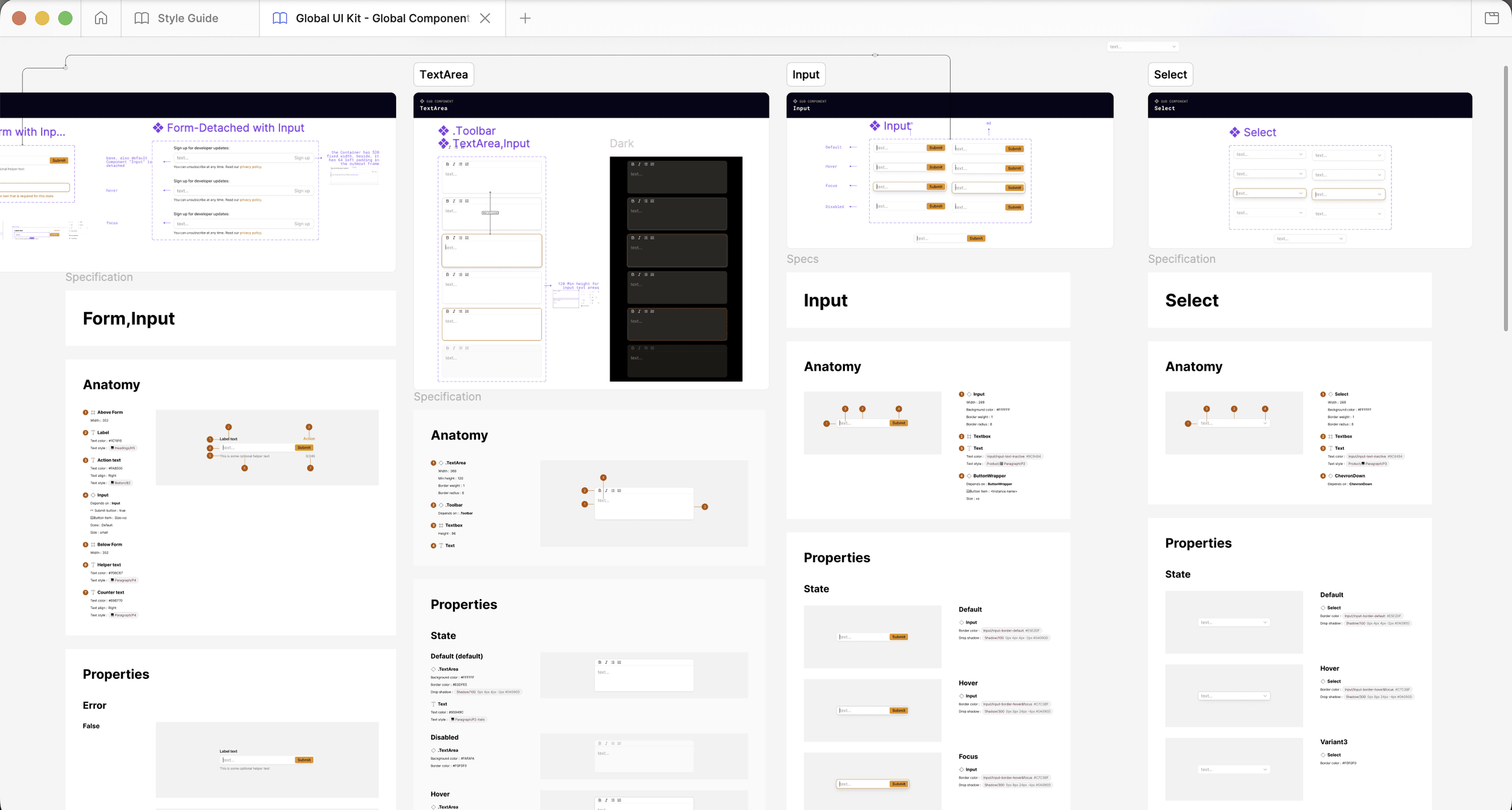 Global UI Kit Inputs category overview — Form, TextArea, Input, and Select with anatomy and state specifications