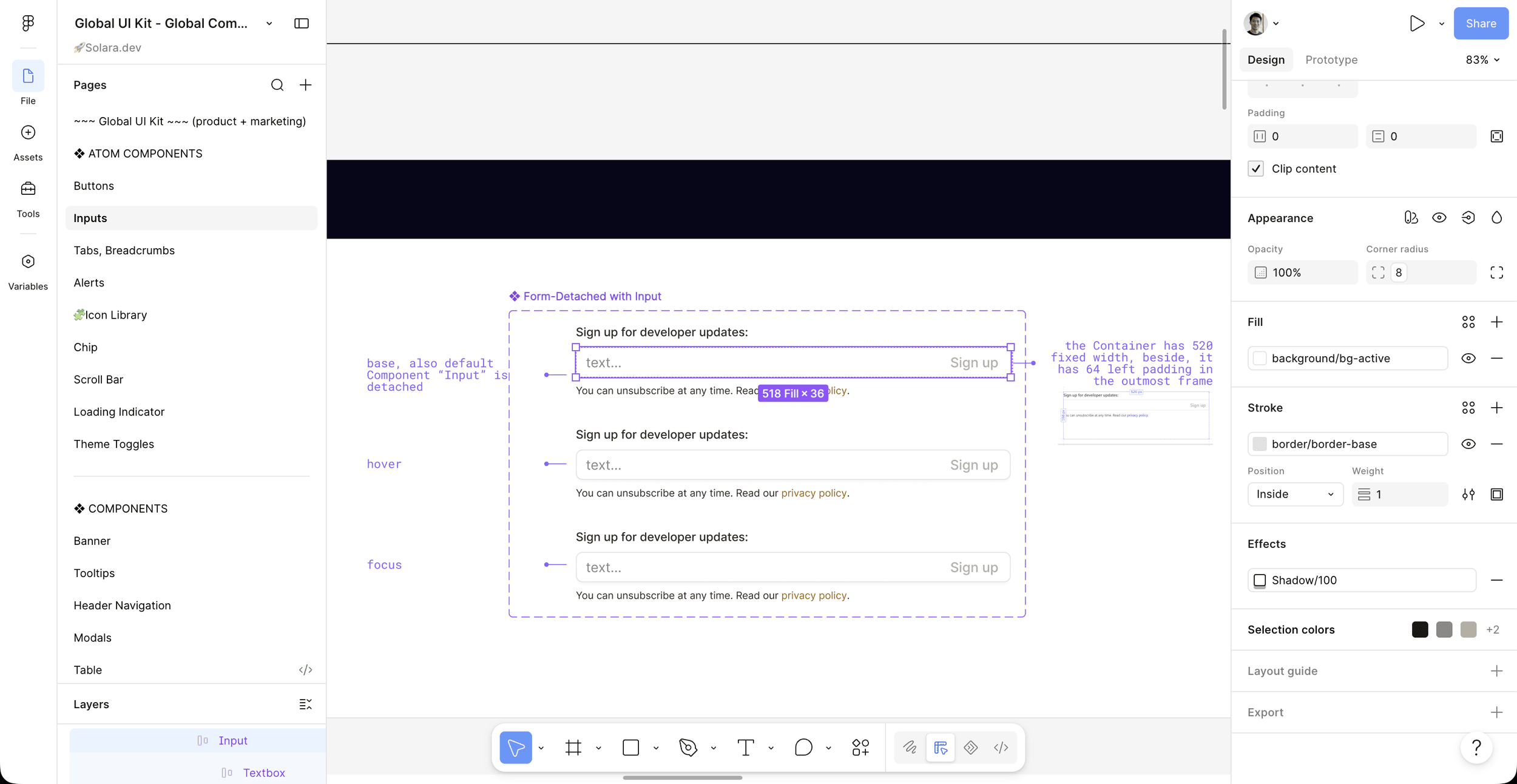 Figma inspector on a live Form component with semantic variables bound to fill, stroke, and effects