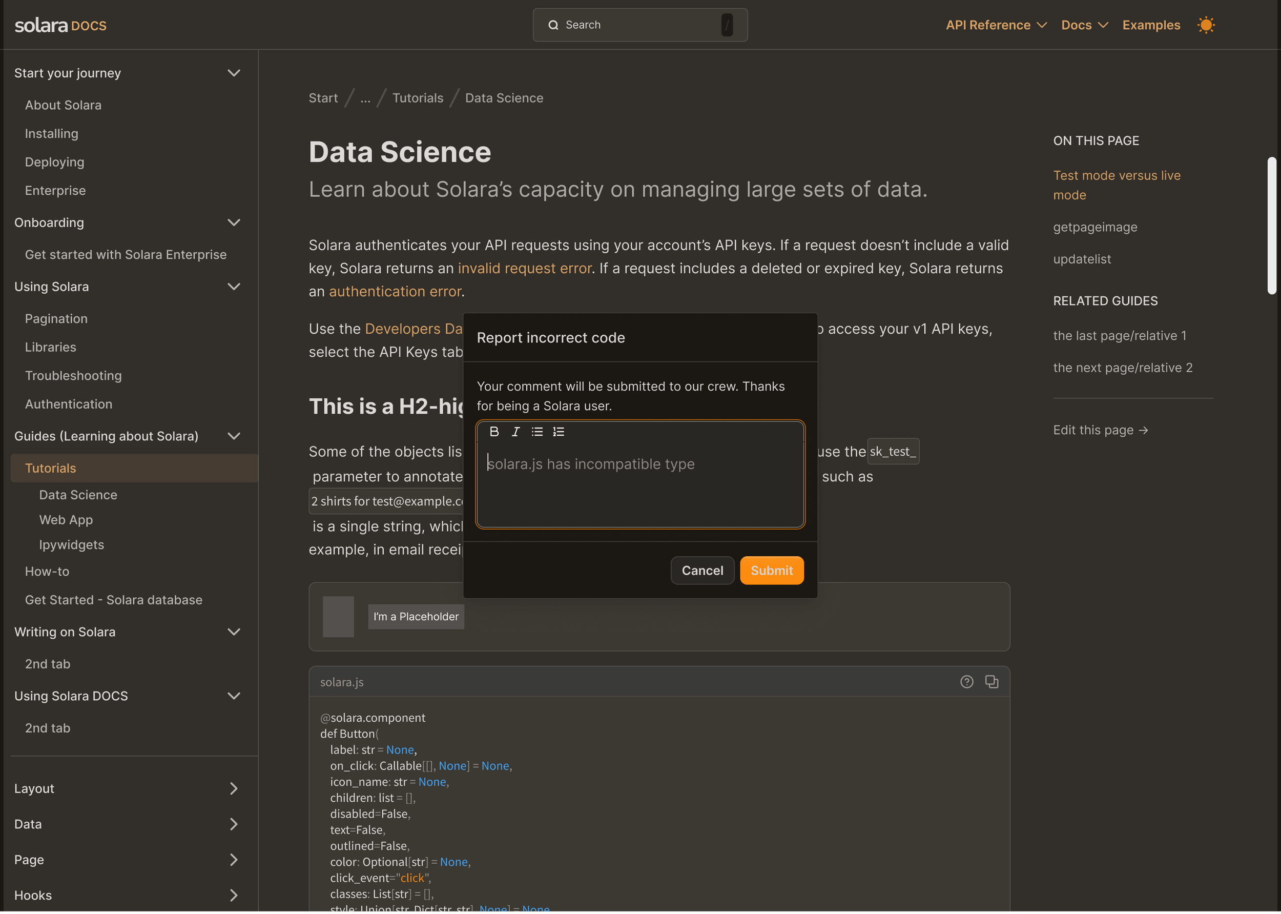 Solara docs content page in dark mode — errors named and linked inline in the prose, with a 'Report incorrect code' modal open over the page, plus the on-this-page rail, related guides, and an 'Edit this page' link out to GitHub