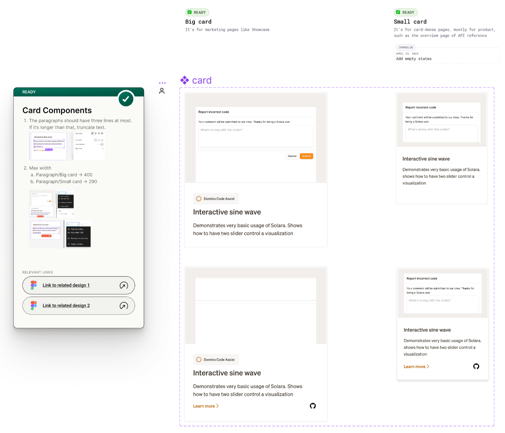 Figma canvas spec for the card component family — Big card and Small card variants with READY status chips, max-width rules, truncation guidance, changelog, and related-design links