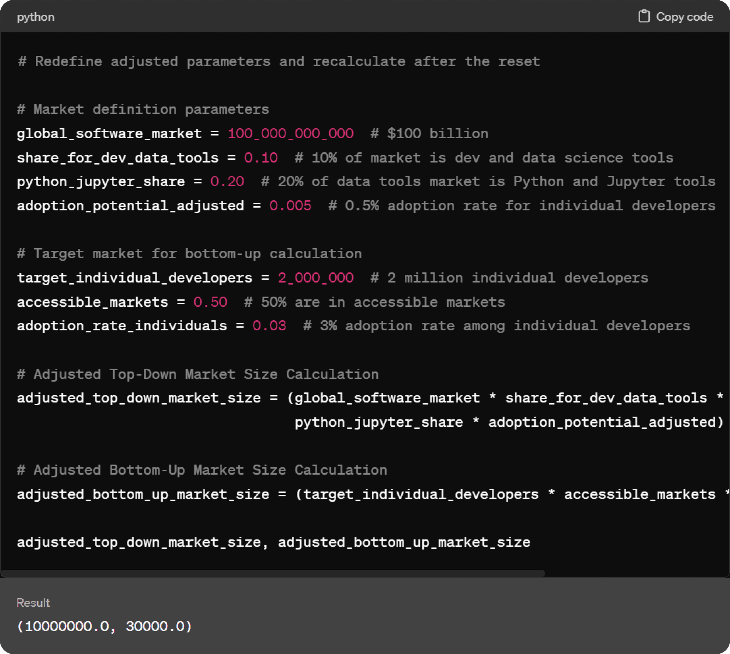 Python script calculating Solara TAM — top-down $10M market size and bottom-up 30k developer reach
