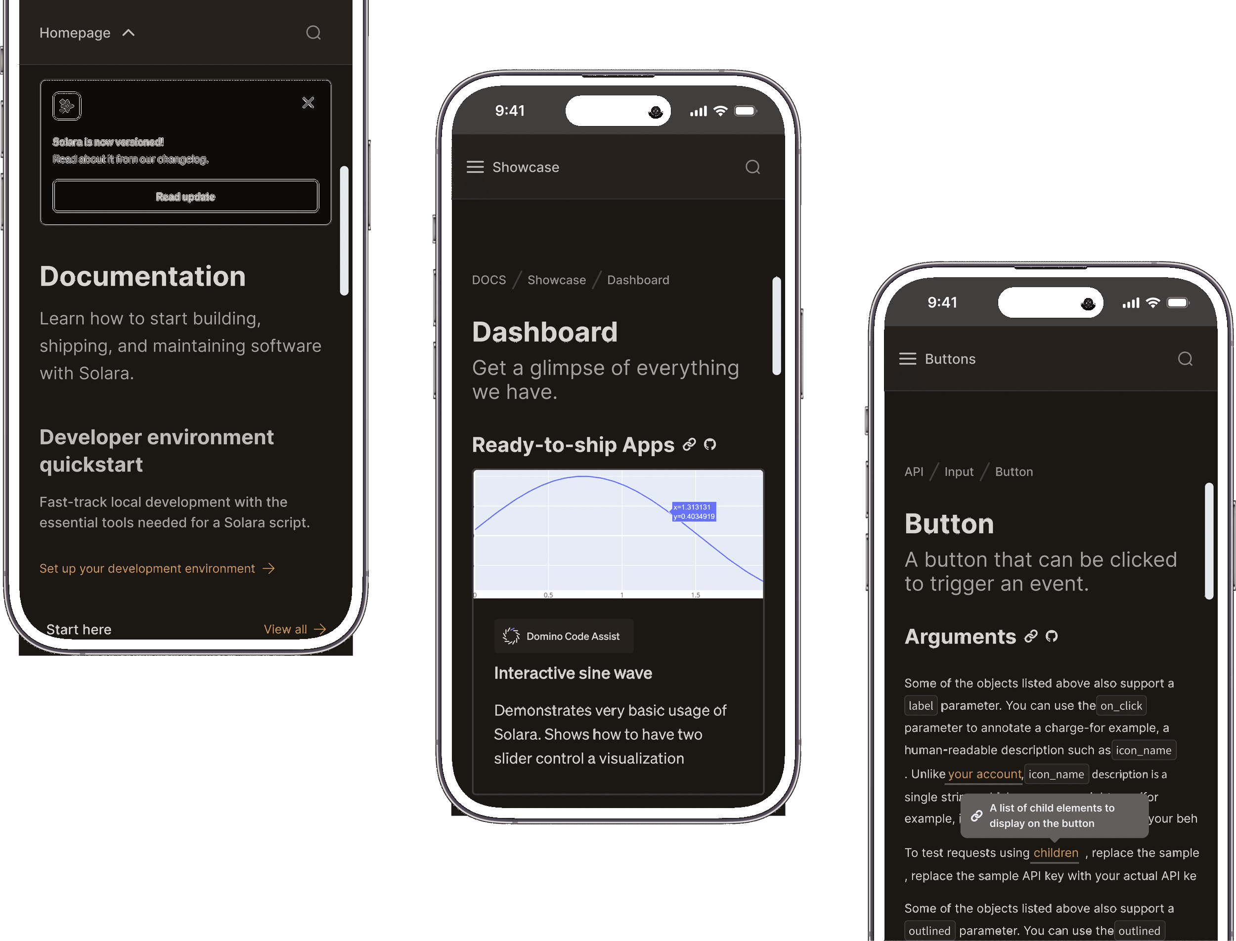 Solara documentation on mobile — homepage, showcase dashboard, and API button reference across three phone mockups