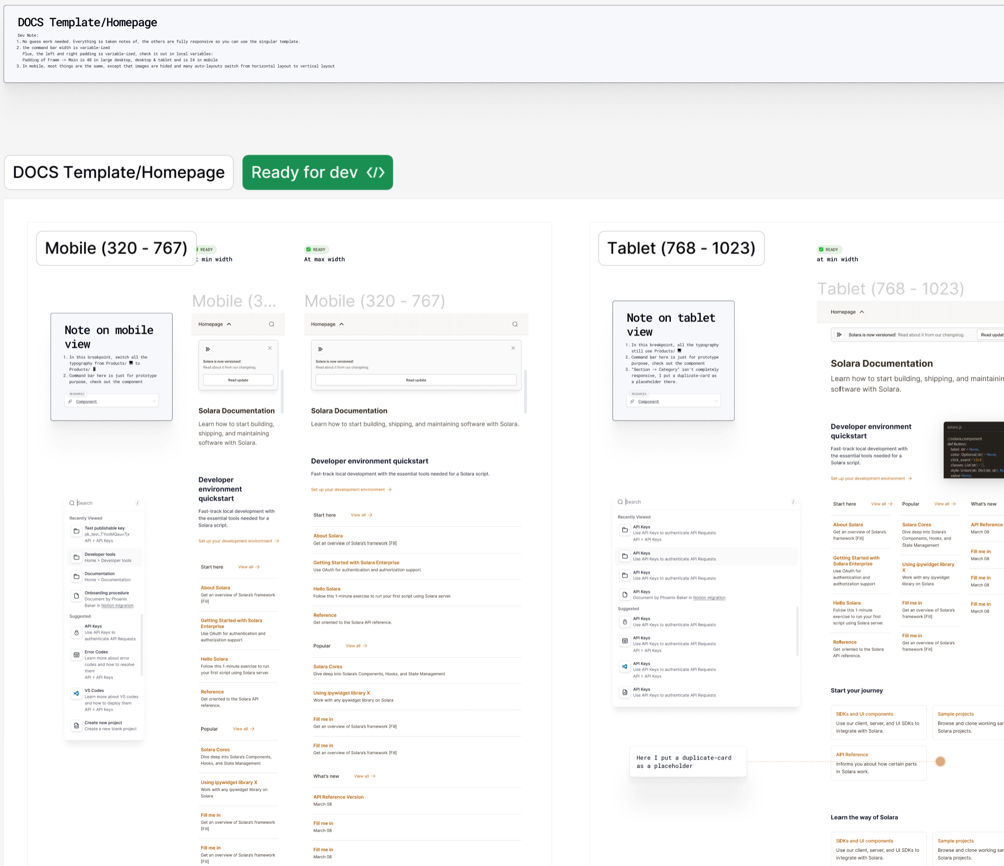 Docs homepage responsive spec in Figma — mobile and tablet breakpoint frames with 'Ready for dev' badge and detailed dev-note annotations