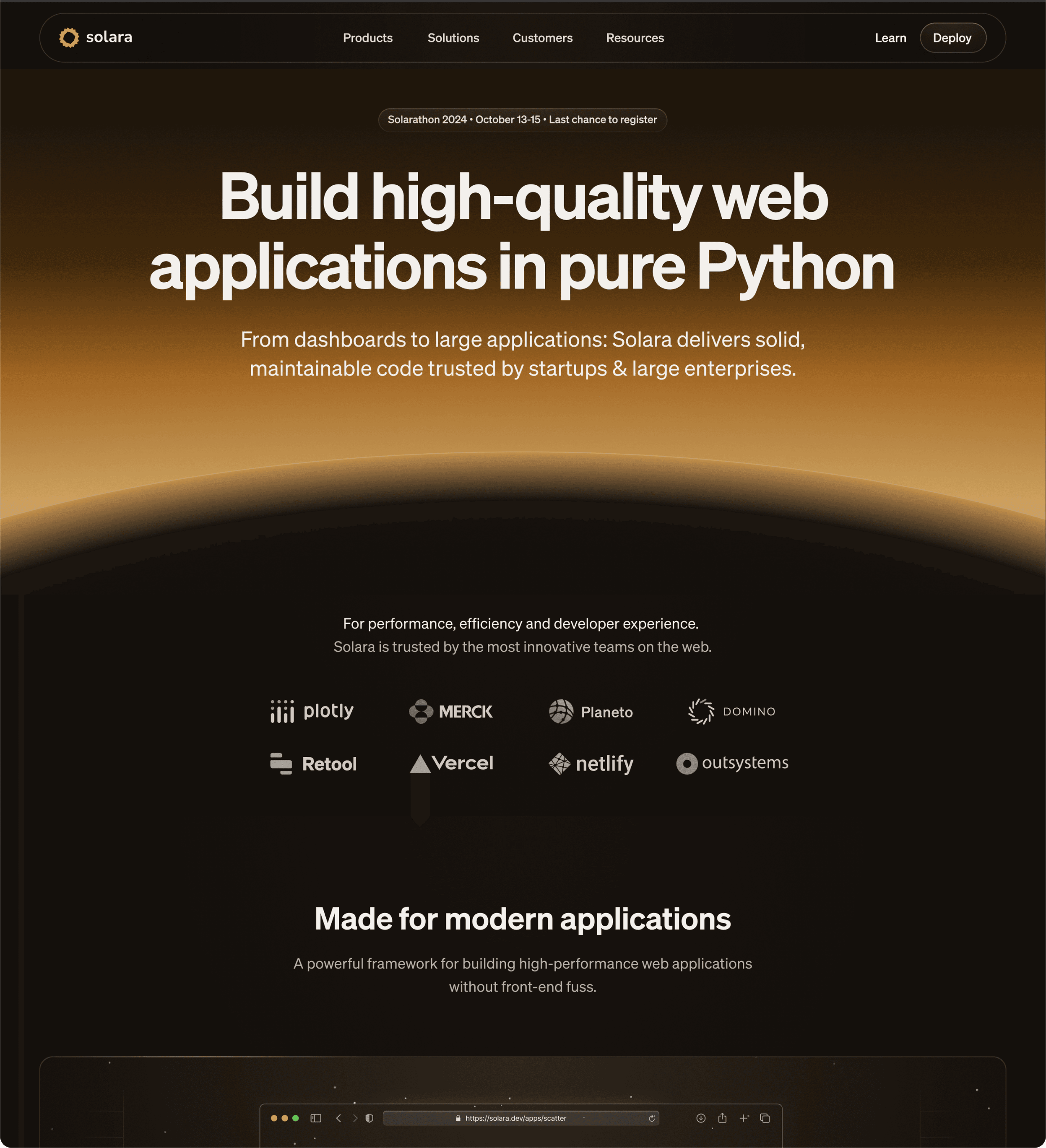 The Solara homepage design in dark mode — sunrise hero and Python value proposition