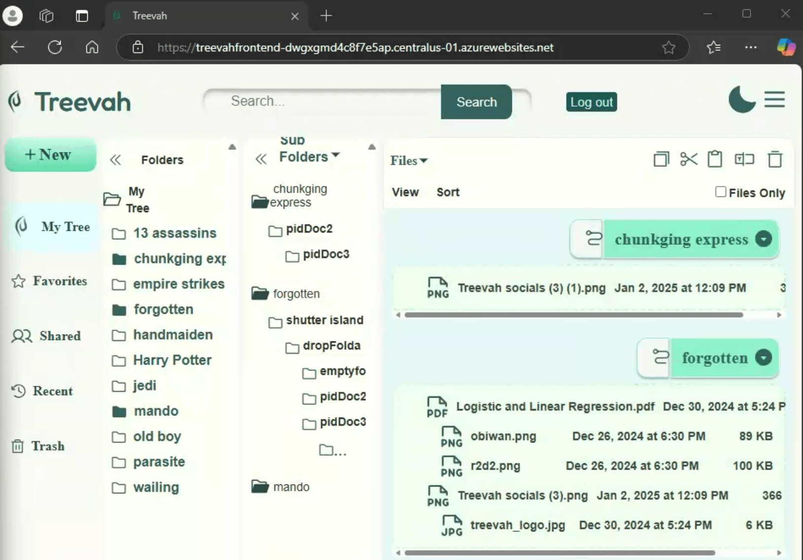 Engineering's Treevah build in a browser on January 2, 2025: a Folders column, a Sub Folders column whose indented tree ends in a folder labelled with an ellipsis, and a Files pane stacking one card per selected folder, each with its own horizontal scrollbar.