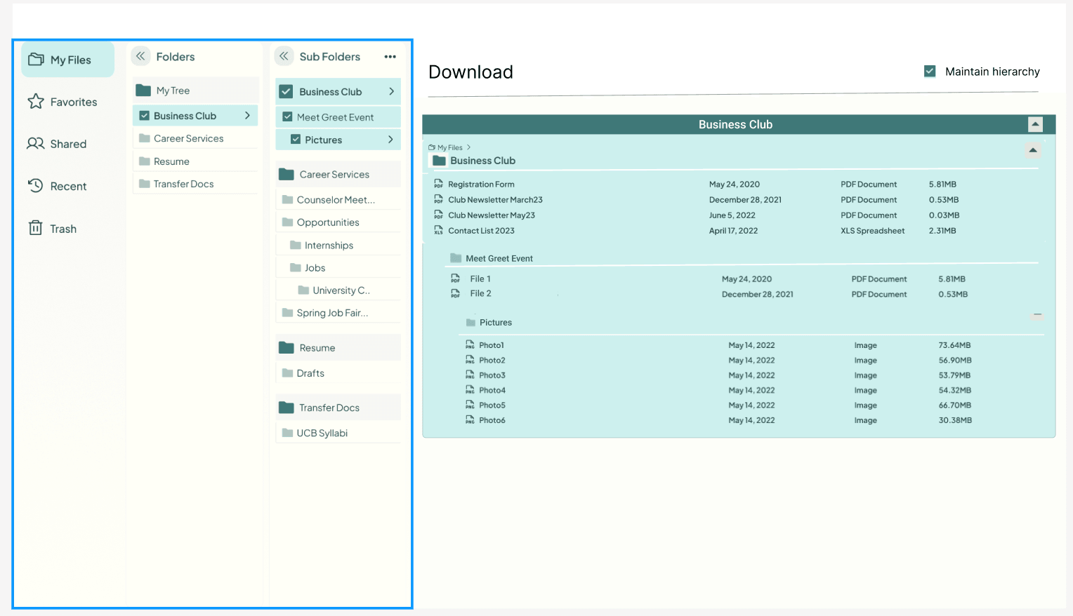 Download flow option one: sidebar multi-select with a hierarchy preview of what the selection will pull down.