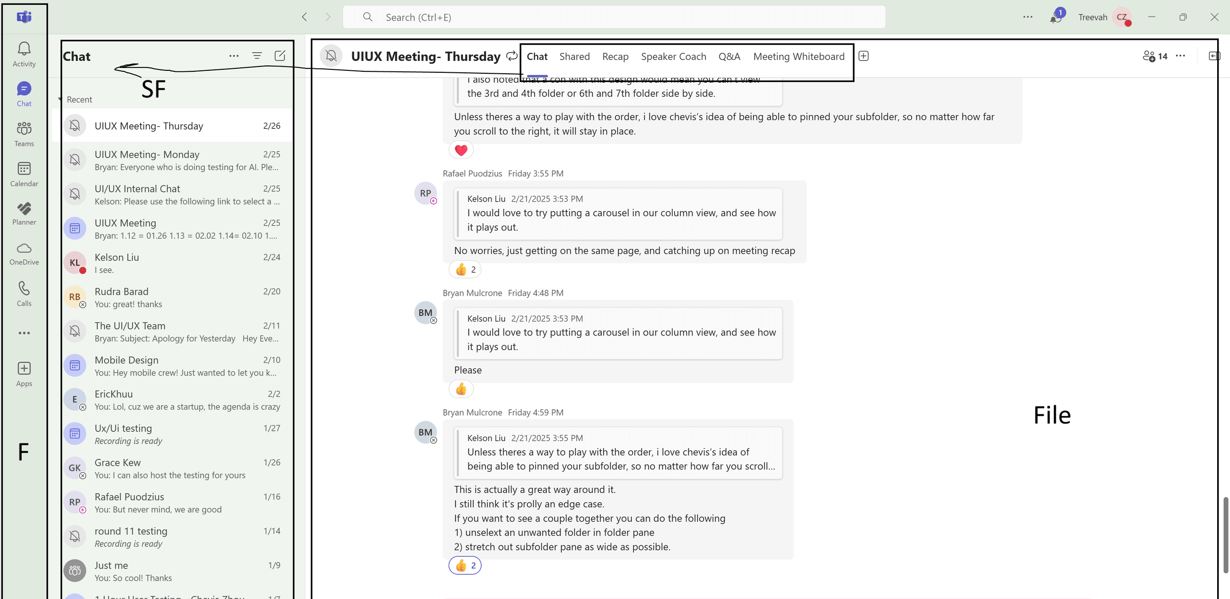 A Microsoft Teams window marked up by hand. The left icon rail is labelled F, the chat list column is boxed and labelled SF, and the message pane on the right is labelled File. A second box around the Chat / Shared / Recap / Speaker Coach / Q&A / Meeting Whiteboard tab row has an arrow drawn from it back to the SF column.