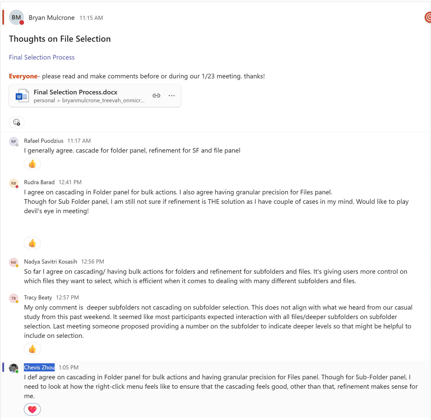 A team discussion thread arguing the three-tier selection model, including a teammate pushing back that non-cascading subfolder selection contradicted an earlier casual study.