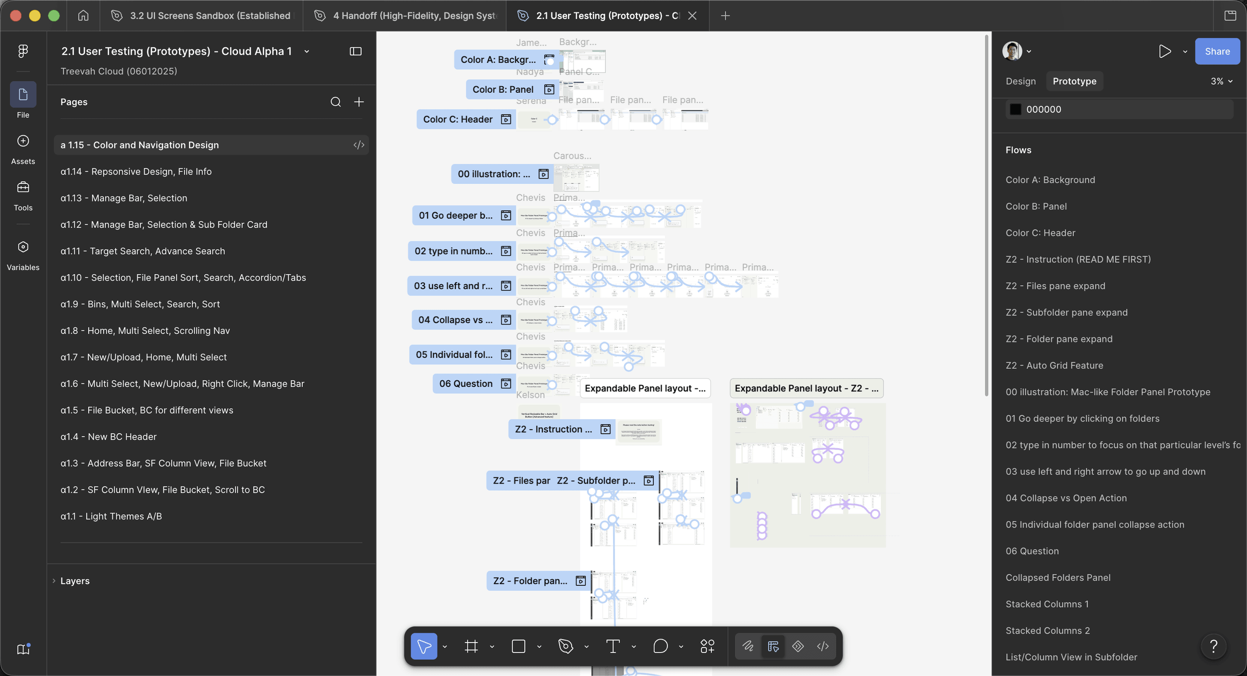 The α1.15 colour and navigation round: prototype flows for colour A/B/C and six carousel interaction paths.