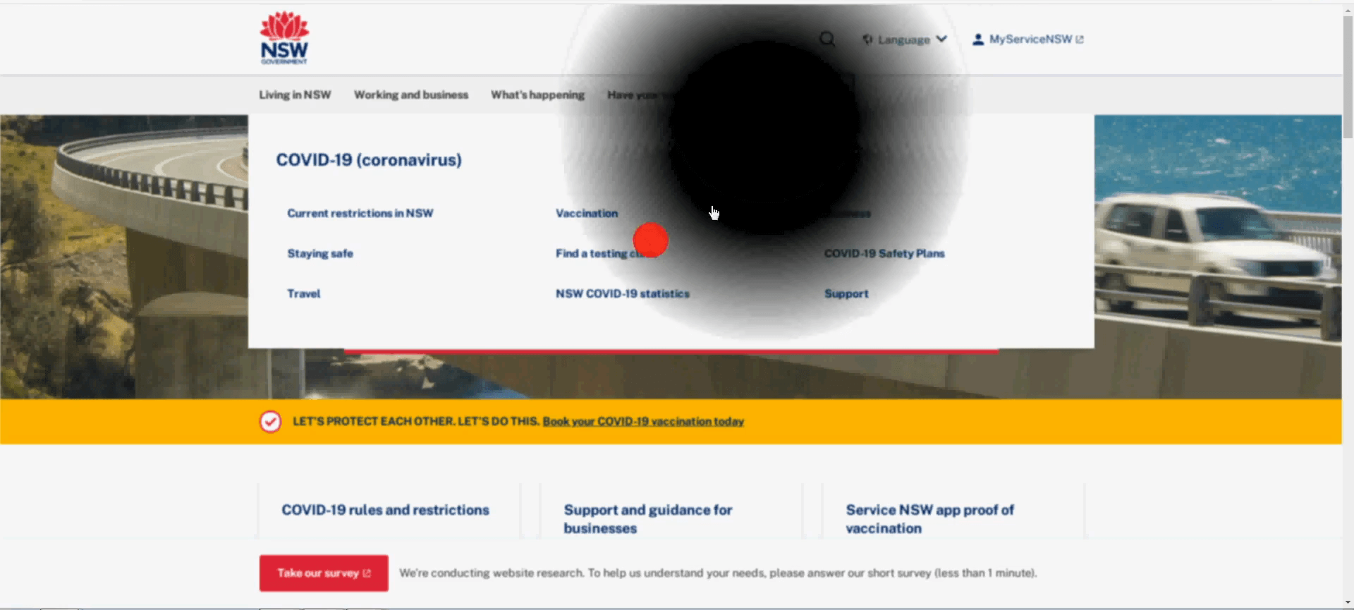 Eye-tracking still of the accessible website's multicolumn dropdown — fixations land directly on menu links beside the simulated scotoma