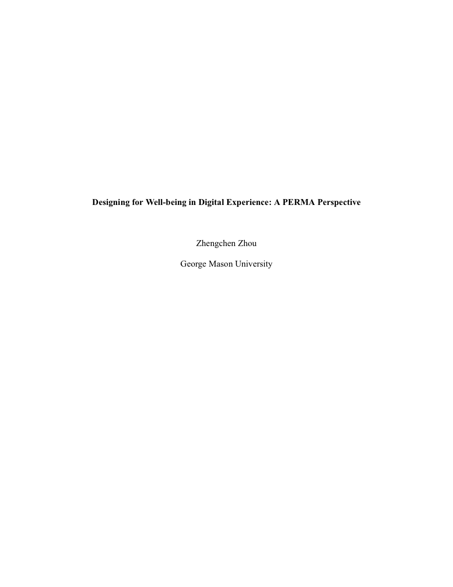 Title page of 'Designing for Well-being in Digital Experience: A PERMA Perspective' by Zhengchen Zhou, George Mason University