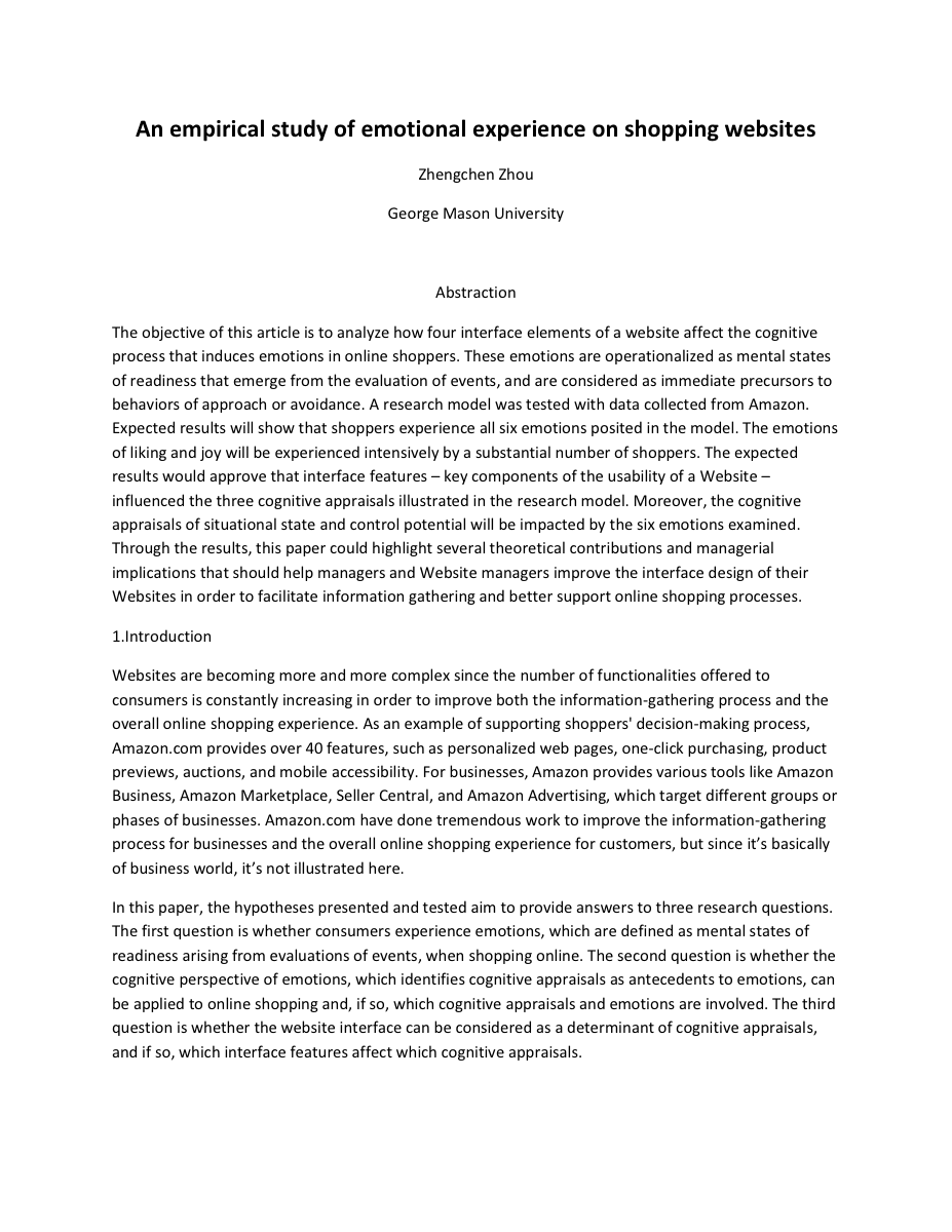 First page of 'An empirical study of emotional experience on shopping websites' by Zhengchen Zhou, George Mason University