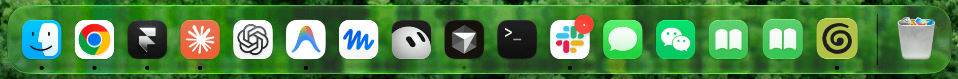 A macOS dock crowded with apps: Finder and Chrome, then Framer, Claude, ChatGPT and several more AI tools including Cursor, followed by Terminal, Slack, Messages, WeChat and two copies of Books