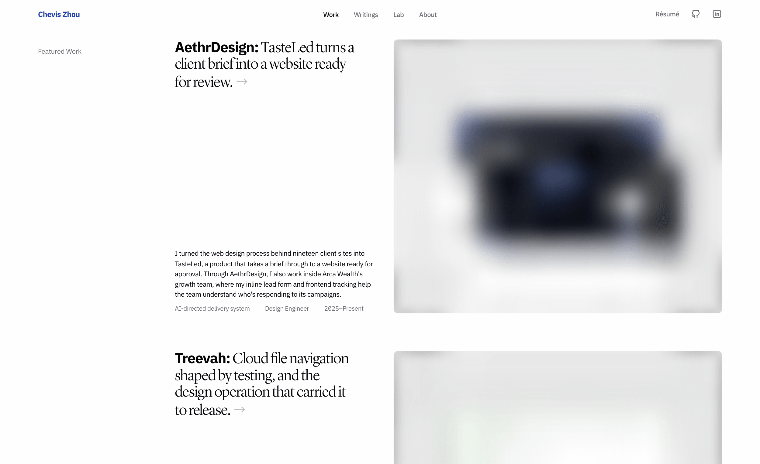The home page of this site captured before its full images arrive: the AethrDesign and Treevah work cards each show a soft blurred preview inside the image box