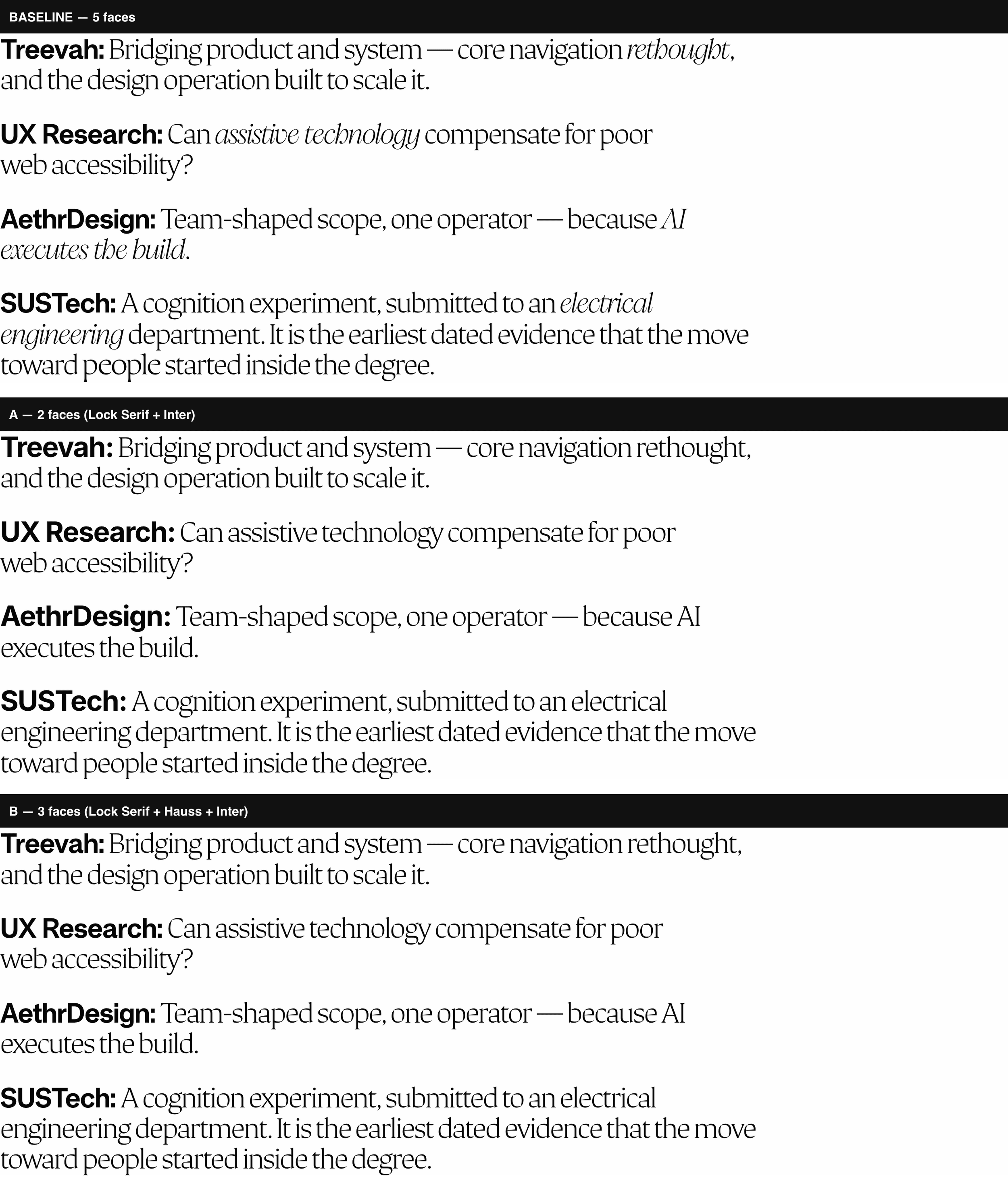 Four case study headlines rendered three times: the five-face baseline with italic swaps, variant A with two faces, and variant B with three faces