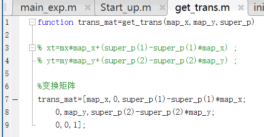 The get_trans.m function open in the MATLAB editor, assembling a transform matrix from the scale terms and the offset