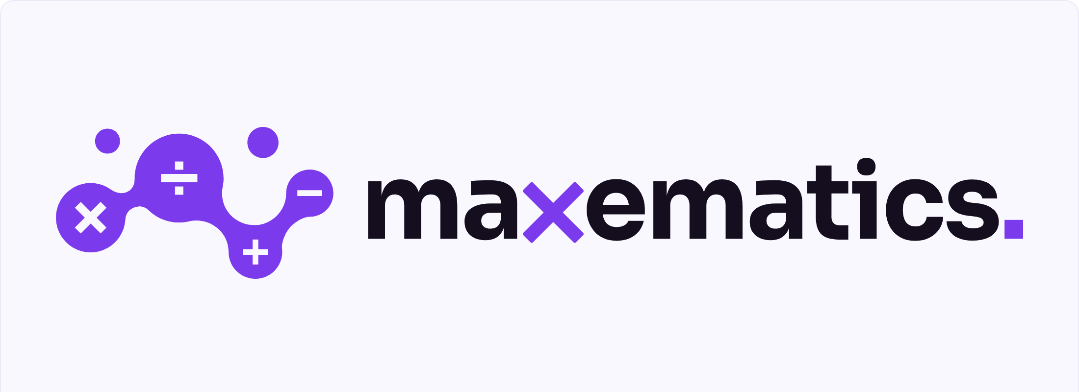 The approved Maxematics horizontal lockup: a violet operator-node logomark beside the lowercase wordmark, with the x replaced by a multiplication sign