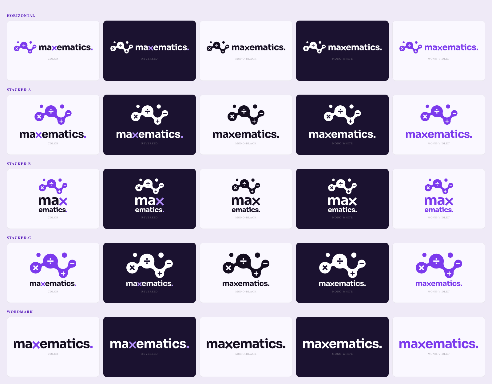 Contact sheet of the Maxematics logo package: horizontal, three stacked lockups and the wordmark, each in five colourways across light and dark plates