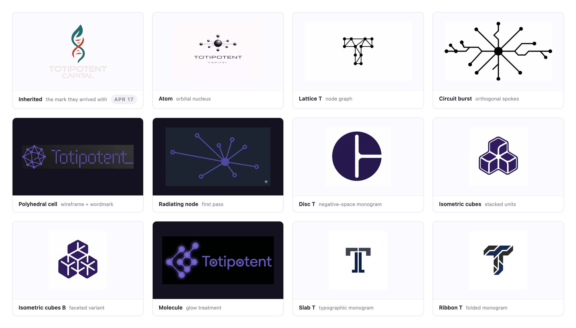 Twelve exploration directions for Totipotent Capital, including the inherited DNA-helix mark, atom and molecule forms, T monograms, a node lattice and isometric cube stacks